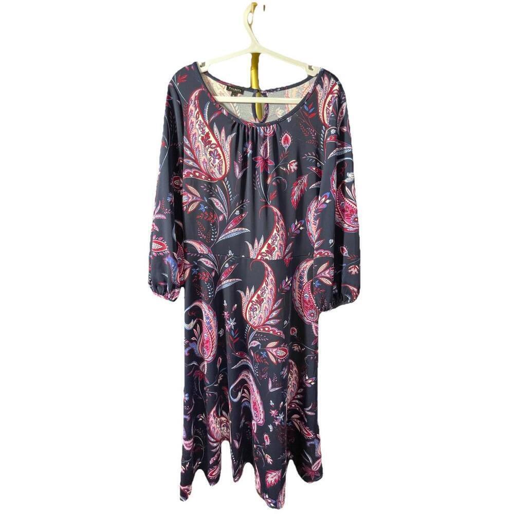 TALBOTS - Size 10- WOMEN'S MULTICOLOR 3/4 SLEEVE PAISLEY PRINT Blue MIDI DRESS